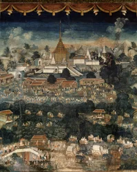 Peregrinación al templo de la Huella de Buda en Saraburi (pintura mural)
